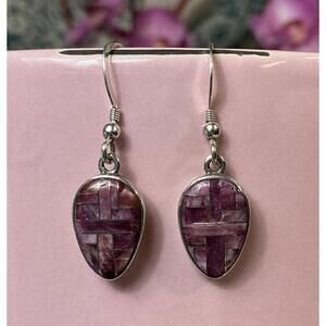 Sterling Silver Purple Spiny Oyster Shell Mosaic Inlay Earrings Dangle Native